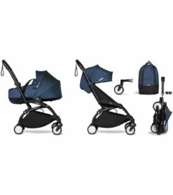 Babyzen YOYO2 Ultra Compact Complete 6+ Stroller With Bassinet & Rolling Bag Bundle - Black/Air France Blue