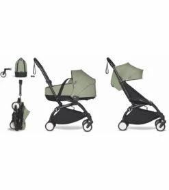 Babyzen YOYO2 Ultra Compact Complete 6+ Stroller With Bassinet & Rolling Bag Bundle - Black / Olive